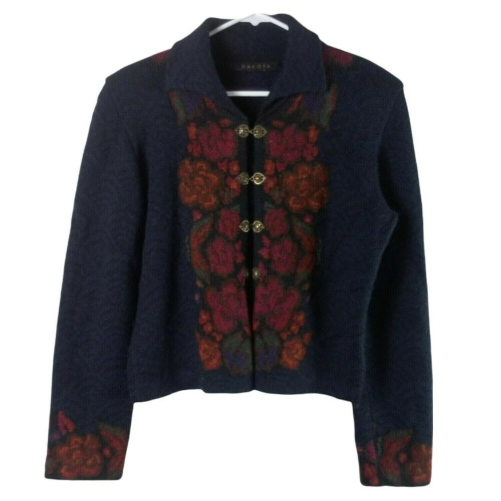 Dakota Womens Alpaca Hand Loomed Bolivia Cardigan Floral Hook Front Black L